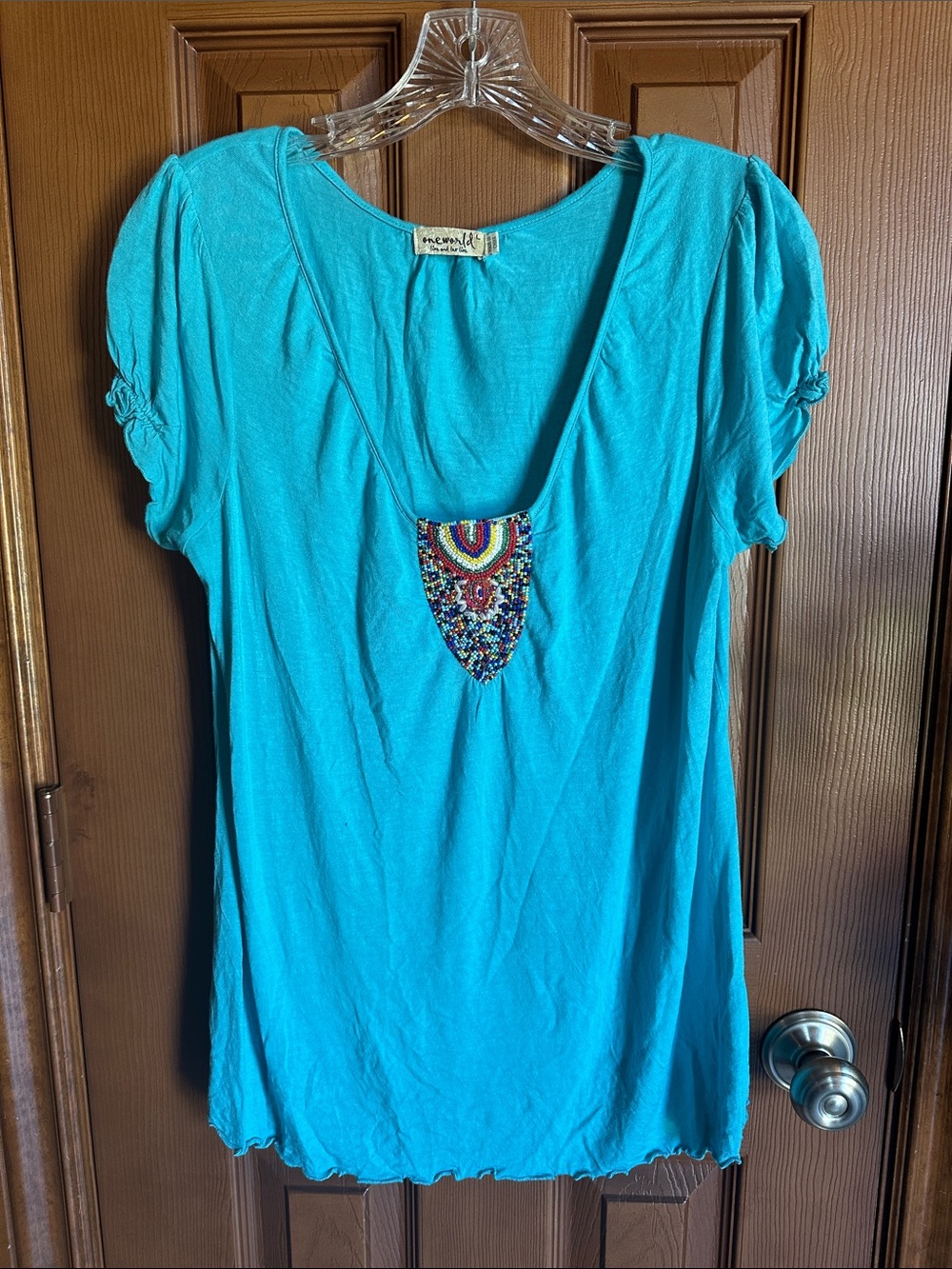 Women’s One World V-neck Beaded Short Sleeve Knit Top, size Large